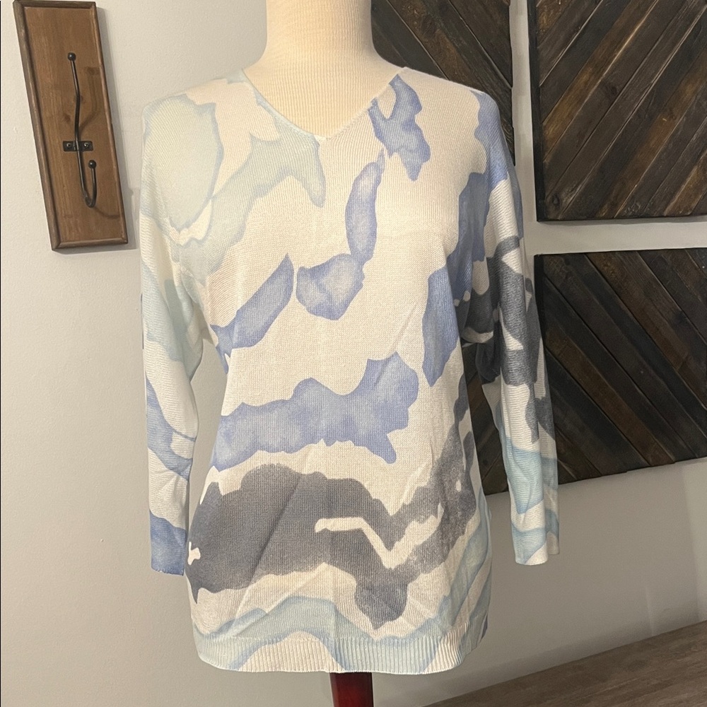 CHARLIE B Blue and Gray Abstract Blouse